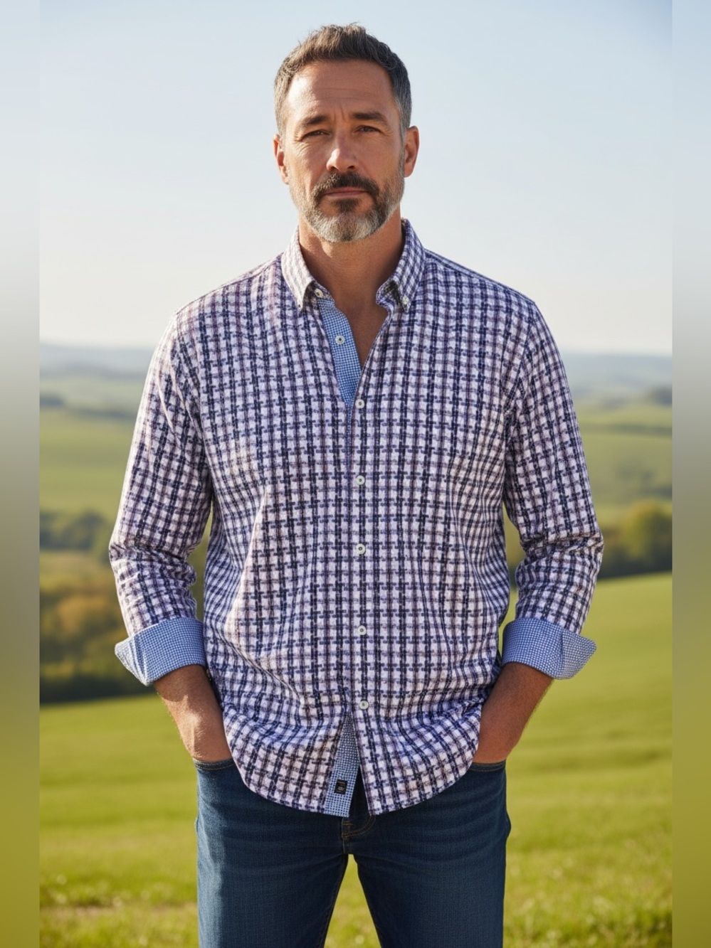 Quieti Men's Navy and White‎ Checked Button-Down Dress Shirt